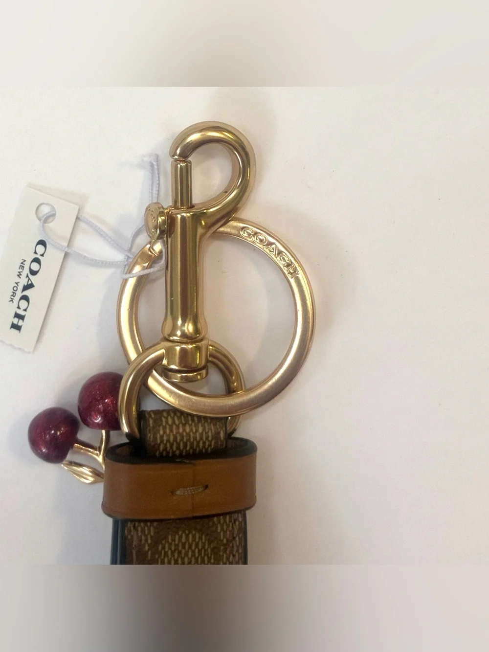Coach Signature Trigger Snap Charm Loop Keychain Bag Charm With Dangling Cherry